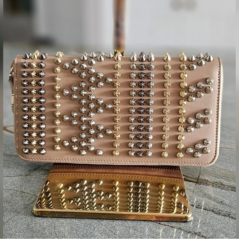 Christian Louboutin Panettone Multi Spike Nude Leather Wallet RARE ~ NWOT - Picture 13 of 13